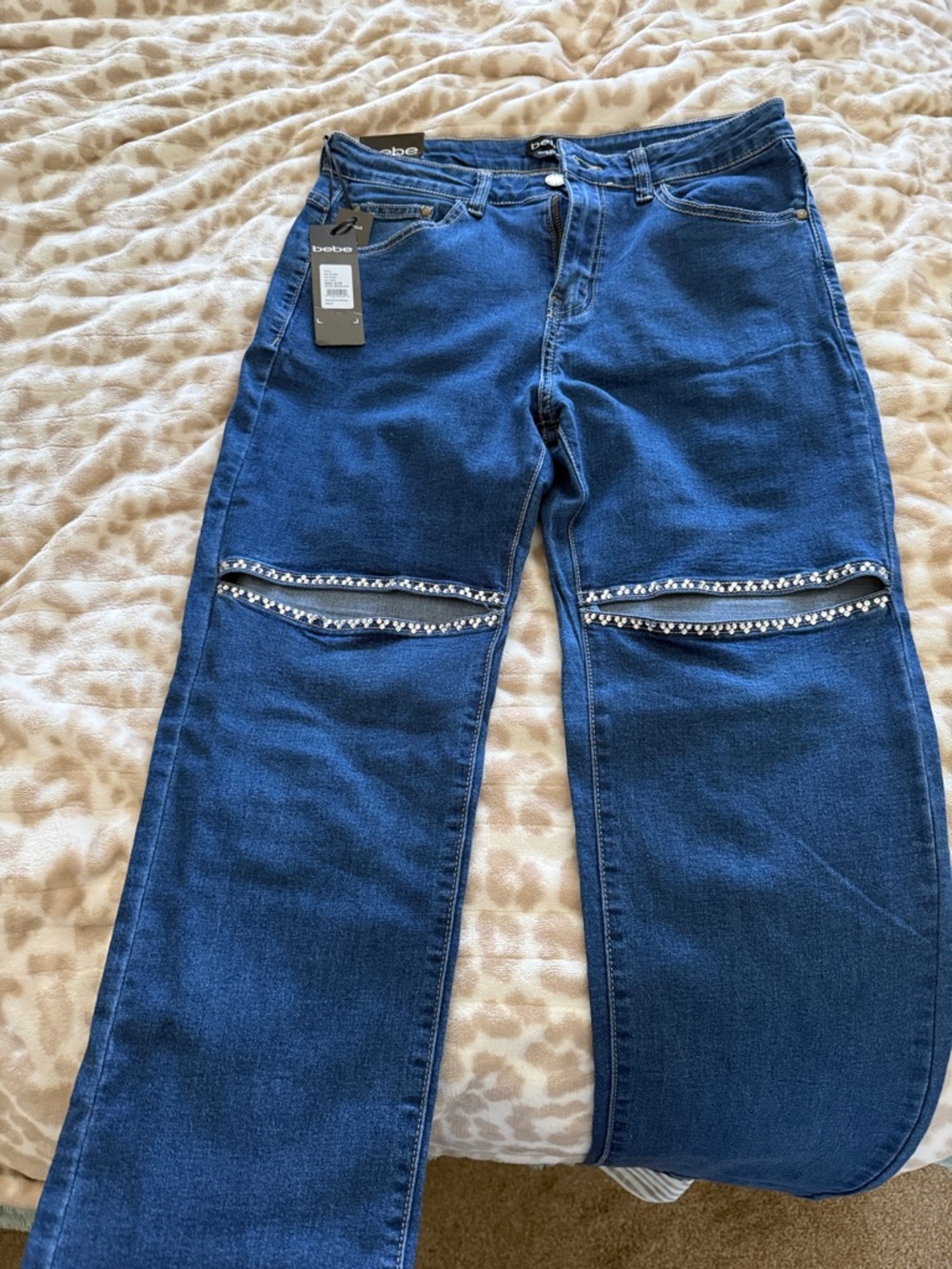 bebe Dark Blue Embellished Knee-Trim Straight Jeans